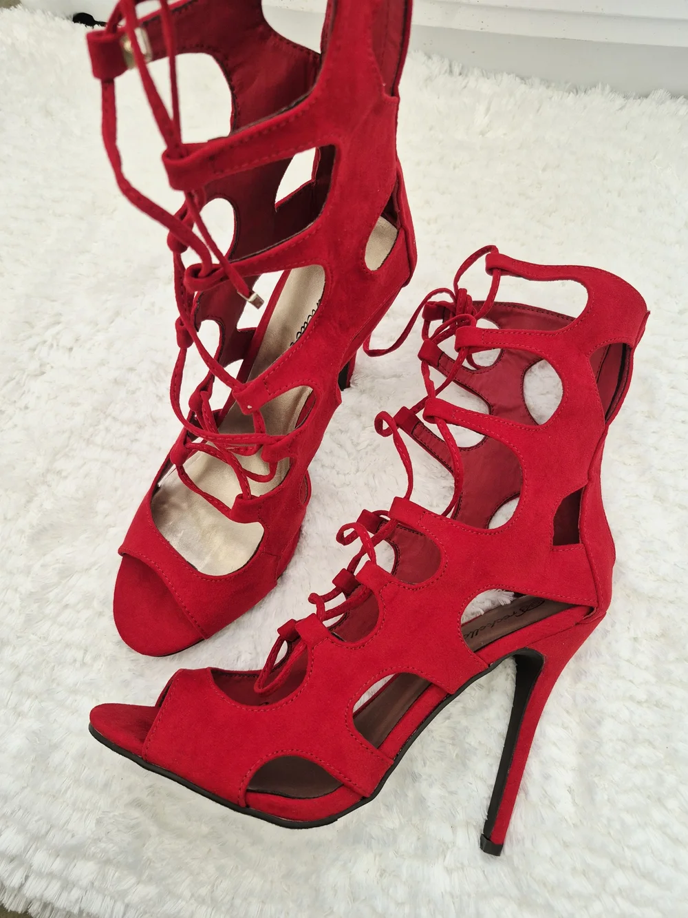 Red Suede Lace-Up Cutout Heels